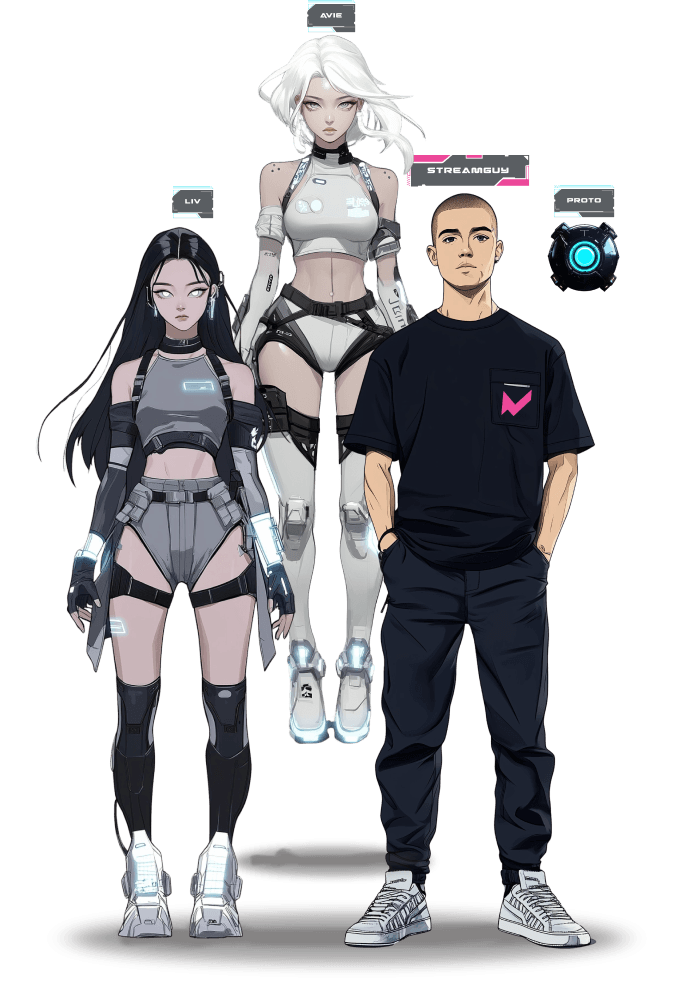 Avie Characters - Liv, Avie, and Streamguy